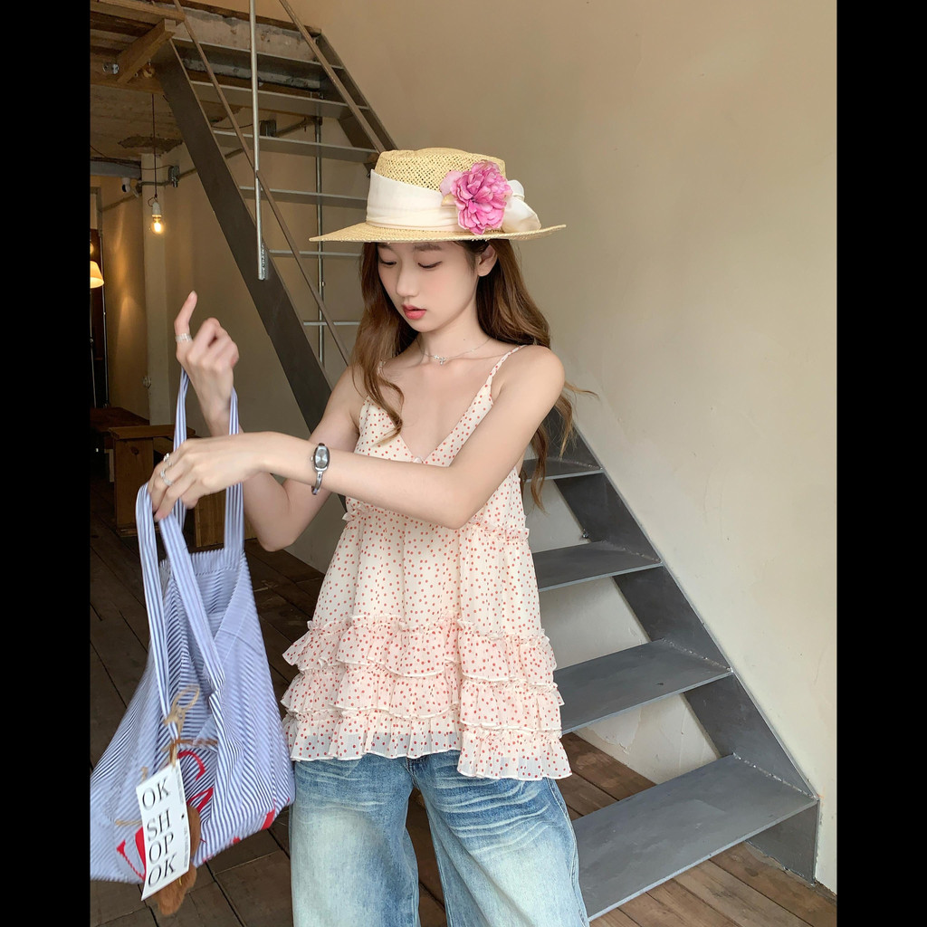SUXI Áo sơ mi yếm xù chấm bi nhẹ nhàng phong cách mới mùa hè dành cho nữ 260507