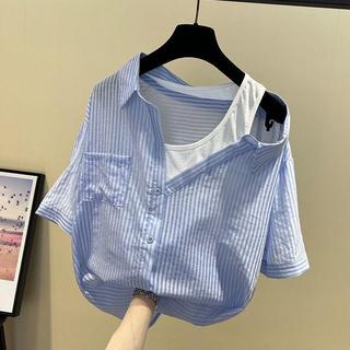 [Hàng mới về] Niche Thời trang Phong cách phương Tây Sọc giảm tuổi tác Off-the-Shou