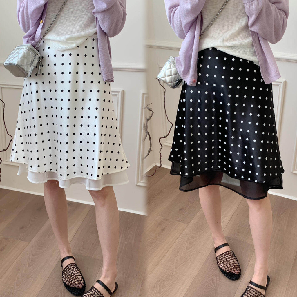 SUXI Váy chấm bi hai lớp Satin chấm bi phong cách Hàn Quốc nhẹ nhàng dành cho nữ mùa hè mới 260509
