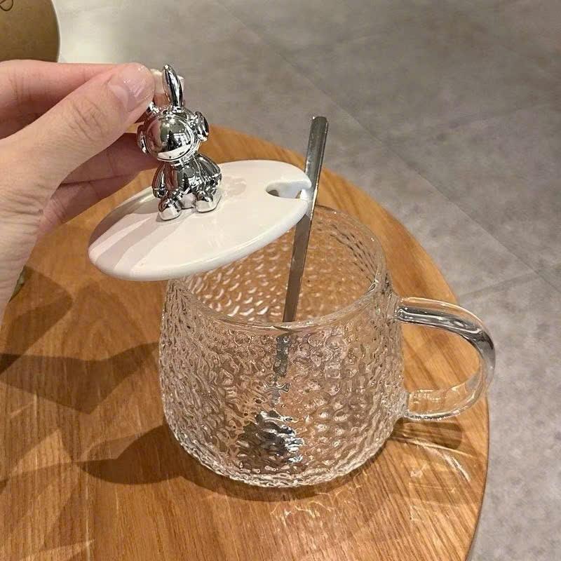 3345 Combo 2 Ly Hút Thủy Tinh 400ml Nắp Gấu Siêu Cute – Cốc Uống Cà Phê, Nước Ép Kèm Thìa, Dùng Cho Văn Phòng & Gia Đình