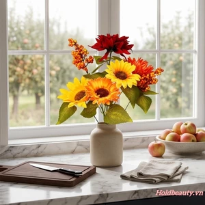 Bó hoa mùa thu nhân tạo với hoa hướng dương và hoa cẩm tú cầu Faux Dahlia và thân hoa Berry