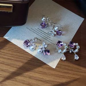 Bông tai hình bướm Zircon vuông màu tím Shuling phong cách Hàn Quốc, Trang sức tai tinh tế cao cấp sang trọng với không khí nhẹ nhàng