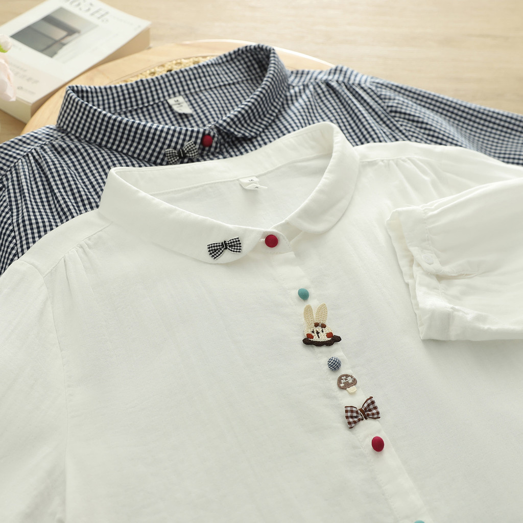 Áo sơ mi nữ cotton mềm tay lỡ, trang trí nổi 3D, phong cách trẻ trung