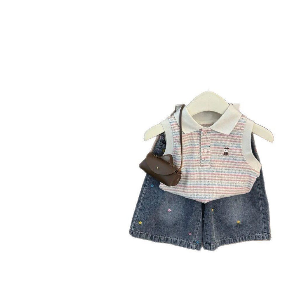 Bé Gái Hoạt Hình Mùa Hè kt Sọc Vest Sườn Xám Quần Jean Phù Hợp Với Thời Trang