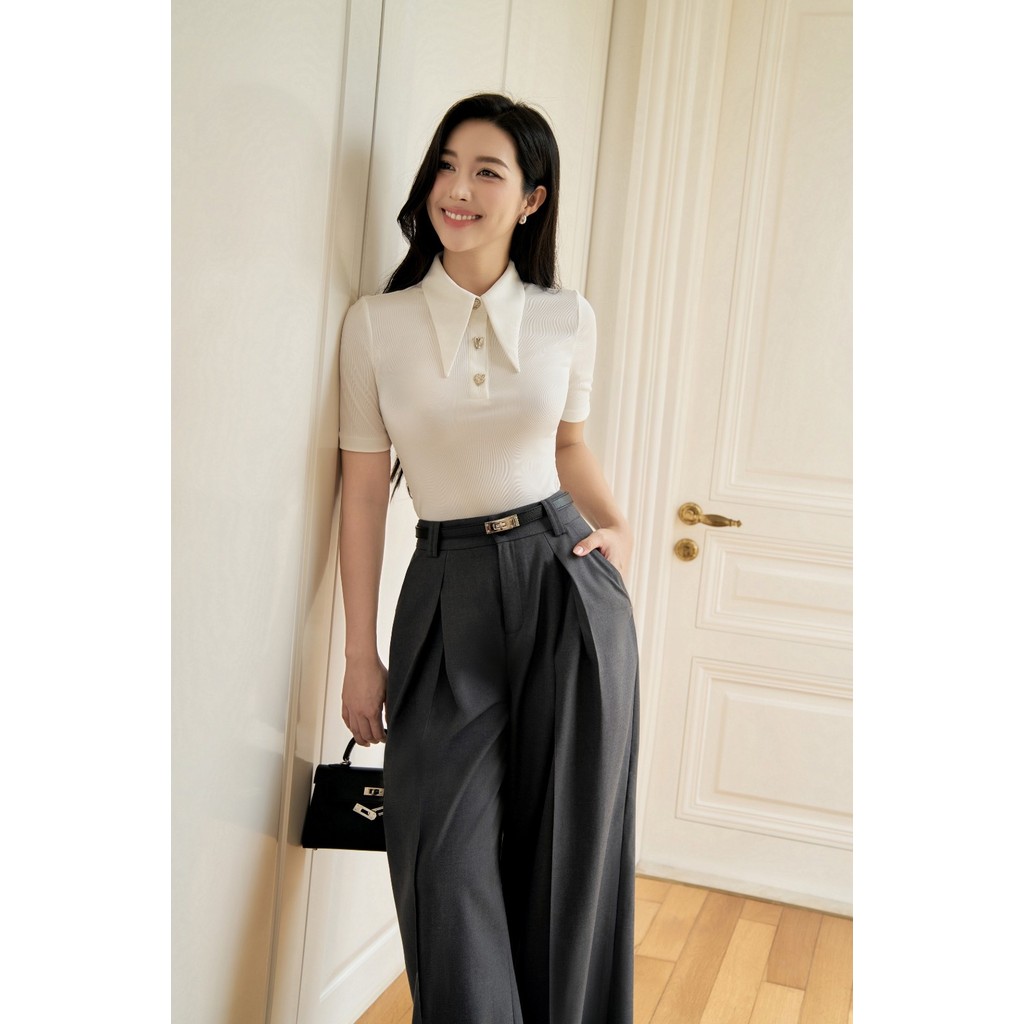 Áo thun nữ ELLA DORA thiết kế cổ nhọn nẹp cúc form ôm hiện đại dễ mặc 4 mùa 3 màu ĐỎ/ĐEN/TRẮNG[AT74]