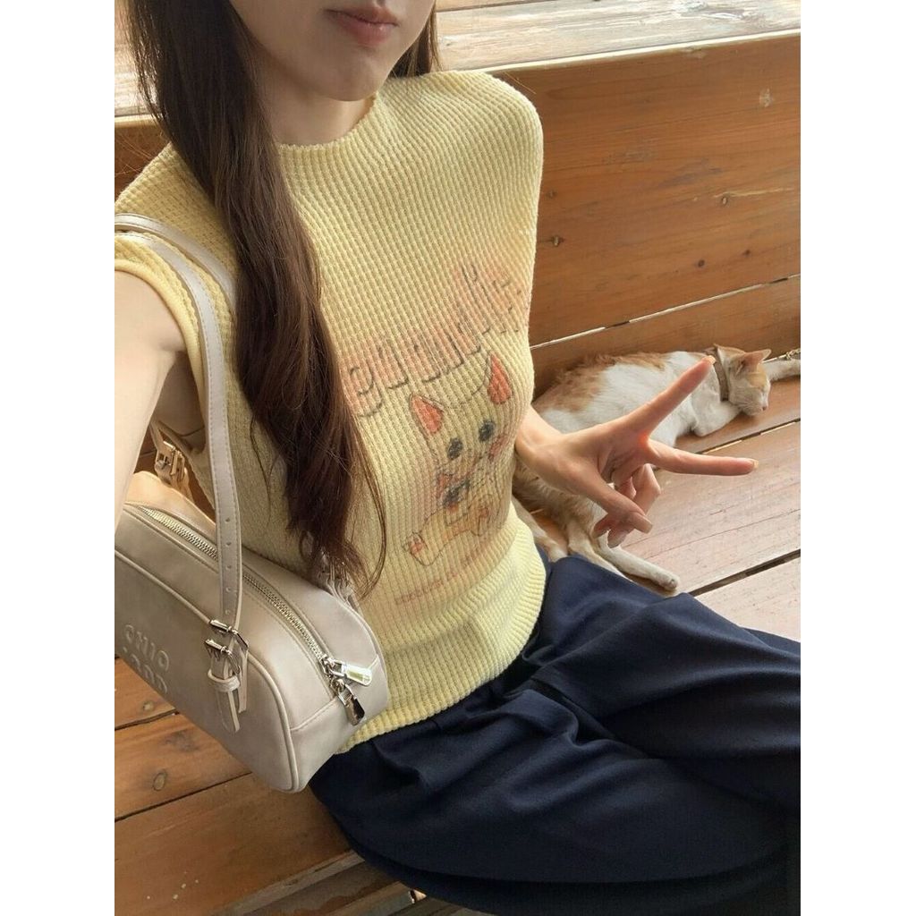 Áo sơ mi nữ phong cách Hàn Quốc, họa tiết mèo, dệt kim slim-fit phù hợp mùa hè