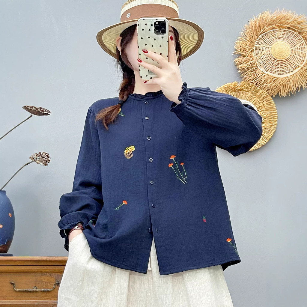 [Hàng có sẵn] Áo sơ mi Mori Art 100% Cotton, cổ thêu dài tay mềm mại, thoải mái