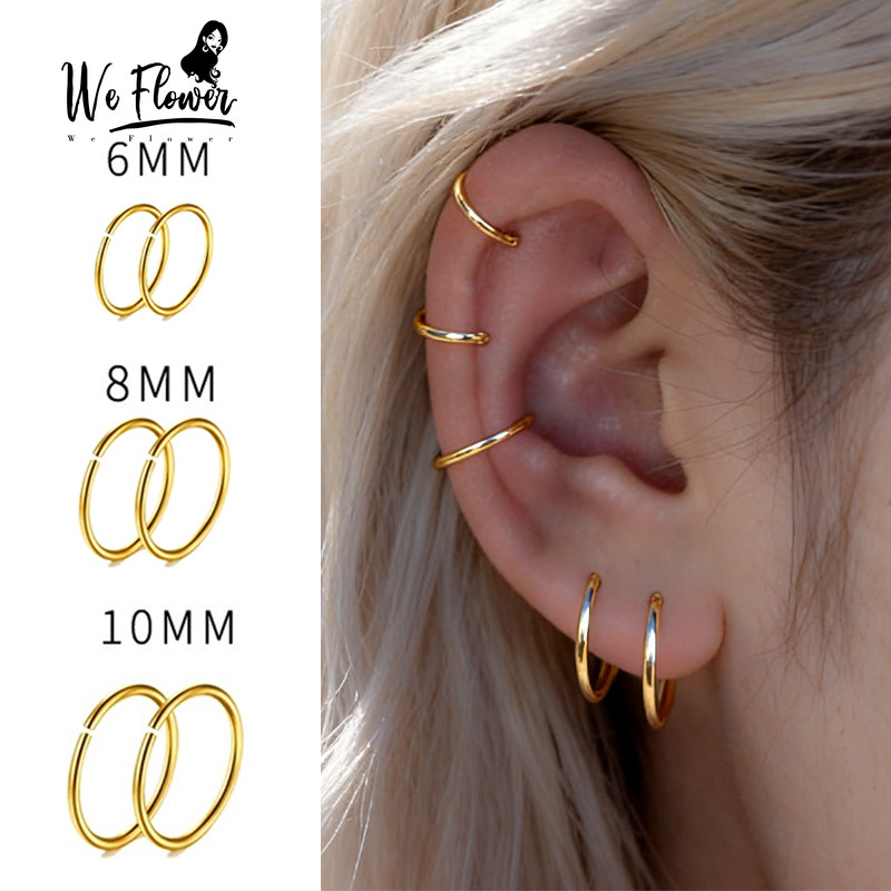 WeFlower Tinh Tế 14K Vàng Vòng Vòng Bông Tai Dành Cho Nữ Bé Gái Không Gây Dị Ứng Xuyên Xương Tai Tròn Môi Mũi Nhẫn