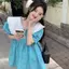 Váy ngắn nữ cho người béo, họa tiết nấm và màu sắc đối lập, thiết kế búp bê