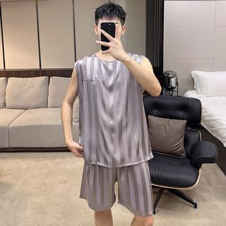 Bộ đồ ngủ lụa dáng rộng sọc cho nam mùa hè, thoáng mát