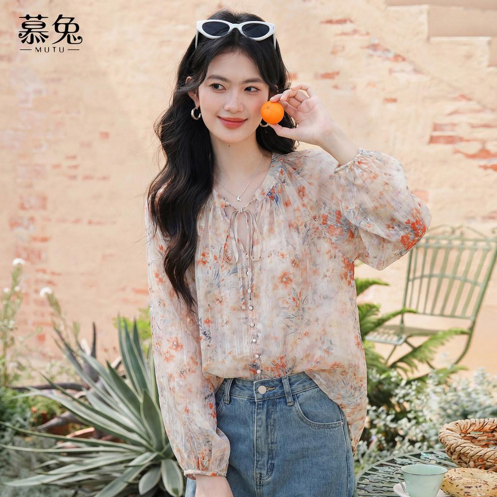 Mutu Pháp Retro Hoa Dài Tay Áo Sơ Mi Nữ Mùa Hè 2026 Phong Cách Mới Thiết Kế Niche Rời Mỏng Top