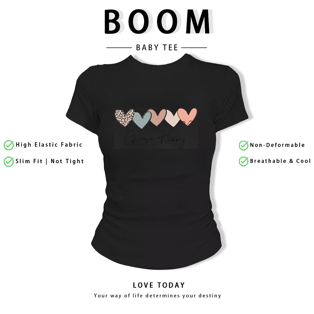 BOOM Áo Baby Tee Nữ Cotton Ôm Body-Áo Thun Ngắn Tay Y2K In Hình PhongCách Mùa Hè, Cổ Tròn Hàng Đầucách hàn quốc phongA63