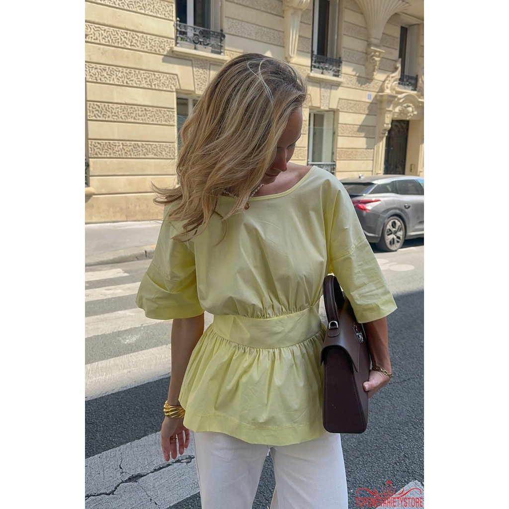 Topone-Nữ Mùa Hè Peplum Áo Thường Ngày Màu Trơn Rời Viền Nơ Lưng Cổ Tròn Khuỷu Tay Áo Sơ Mi