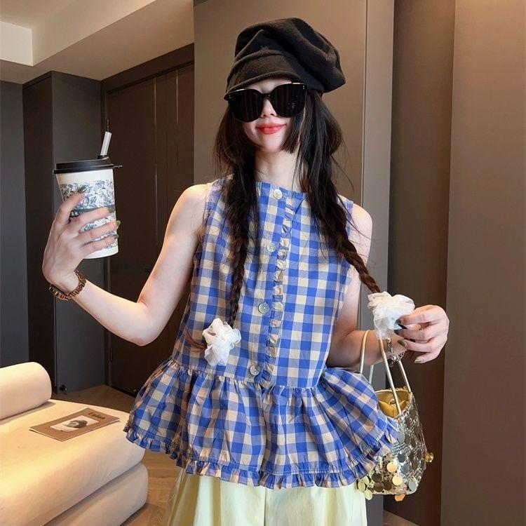 [Hàng mới về] Áo sơ mi không tay cổ tròn kẻ sọc phong cách phương Tây cổ điển dành cho nữ Mùa hè Phong cách mới dáng rộng thường ngày Agaric Edge Áo kẻ sọc xanh
