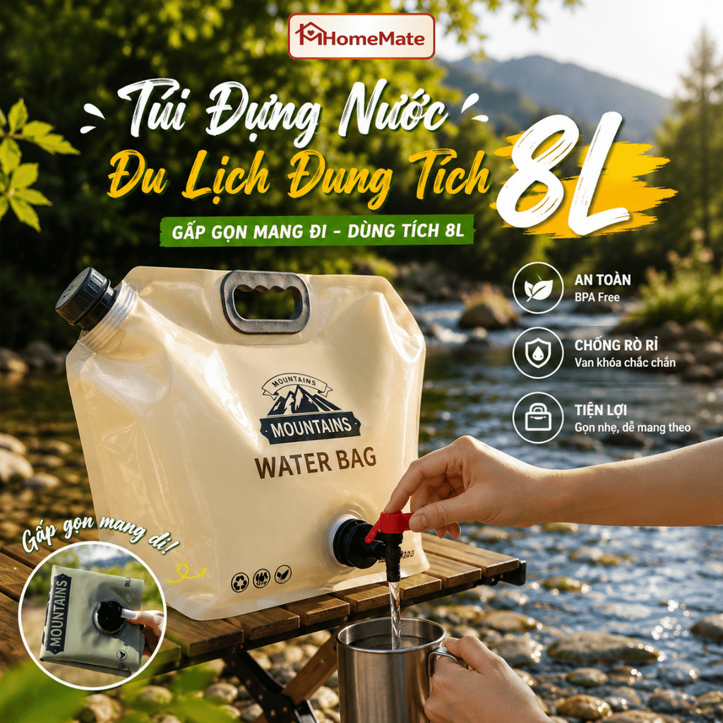 Túi Đựng Nước Du Lịch Gấp Gọn HomeMate 8L – Túi Trữ Nước Picnic Có Vòi Dày 3 Lớp Tiện Mang Dã Ngoại