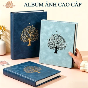 Album ảnh đựng 400 ảnh, chống thấm nước và bền chắc, bìa da PU cao cấp, thiết kế dập nổi vàng "Cây Hạnh Phúc" tinh tế.