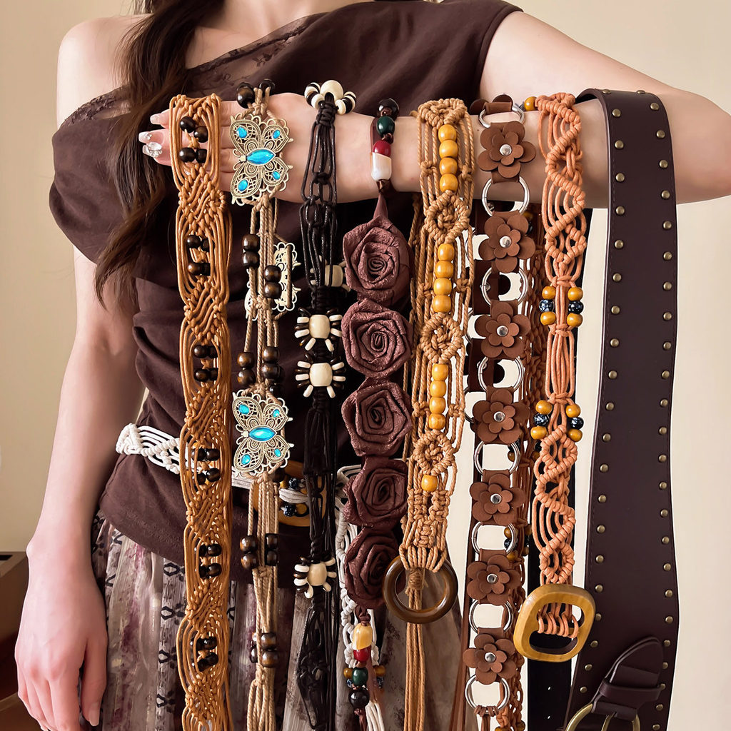 Đai thắt lưng nữ màu nâu phong cách retro boho phù hợp cho kỳ nghỉ