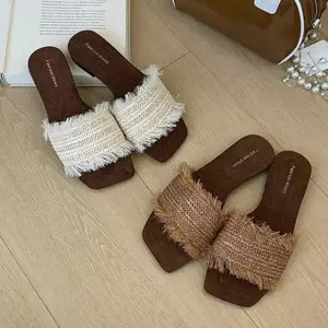 TT Dệt Tua Rua Flip-Flops Giày Nữ Mùa Hè Phong Cách Mới Dày Thấp Gót Vuông Giày Sandal Đi Biển