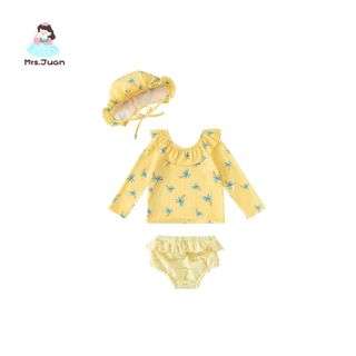 Đồ bơi bé gái tay dài chống nắng - Set rời bèo cổ tròn co giãn nhanh khô đi biển