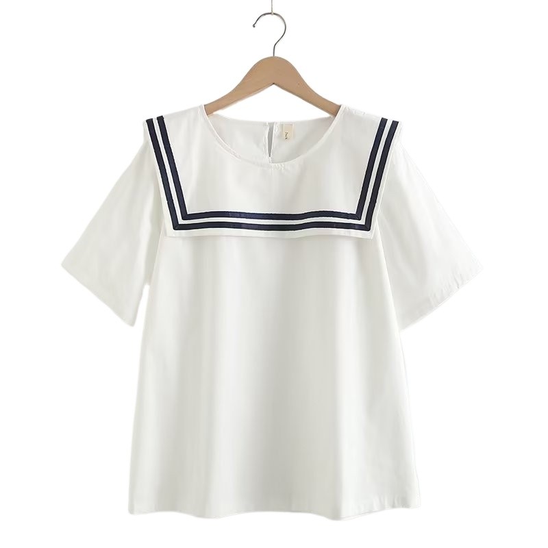 Mùa Xuân - Hè Áo Sơ Mi Trắng Style Thủy Thủ 100% Cotton, Cổ Rời, Tay Ngắn