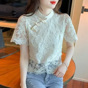 Áo sơ mi ren sườn xám thiết kế retro nút, thời trang mùa hè cao cấp