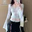 Áo sơ mi crop top nữ chất liệu tweed và ren, tay chuông, thiết kế gợi cảm, mỏng nhẹ phù hợp thời trang hiện đại