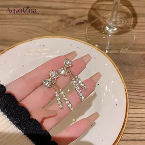 AqToCna Tính Khí Nơ Tòn Ten Bông Tai Dành Cho Nữ Sang Trọng Màu Vàng Sáng Bóng Kim Cương Giả Bông Tai Dài Thời Trang Hợp Thời Trang Trang Trang Sức AqToCna