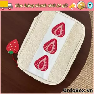 Túi đựng bút ORDOBOX, Túi trang điểm bánh Sandwich dâu tây sang trọng Fuzzy, Túi đựng mỹ phẩm đa chức năng thêu dễ thương Kawaii