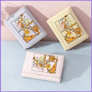 SQ11 Garfield Hoạt Hình Dễ Thương Dây Kéo Ngắn Ví Đựng Thẻ Ví Đựng Tiền Xu Dung Tích Lớn Ba Lần Khe Cắm Thẻ Túi