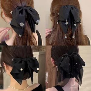 Kẹp tóc nơ ruy băng satin phong cách retro cho nữ, kẹp búi/đuôi ngựa thấp sau đầu, phụ kiện tóc cao cấp