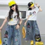 Bé Gái Denim Quần Ống Rộng Mùa Hè 2026 Phong Cách Mới Trẻ Em Hoạt Hình Mèo In Mắt Cá Chân Quần