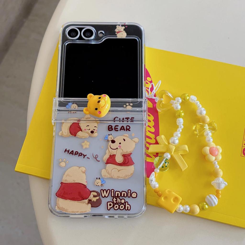 Thích Hợp Cho Samsung Galaxy ZFlip7 zflip6 Dễ Thương Winnie Pooh Dâu Gấu Giá Đỡ Vỏ Điện Thoại Dây Gấp Vỏ Cứng Cho Z Flip 7 6 5 4 3 5G Vỏ Bảo Vệ