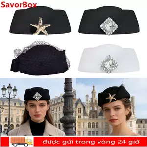 Mũ SAVORBOX Top, Mũ tiếp viên đính đá pha lê hình ngôi sao biển, Mũ nón thời trang kiểu Anh Mũ nồi nỉ cổ điển cho bữa tiệc nữ