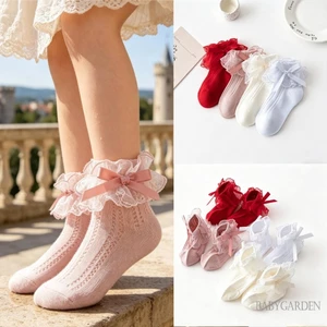 2-8 Tuổi Trẻ Em Bé Gái Ren Viền Tất Phong Cách Công Chúa Mềm Mại Dễ Thương Nơ Thoáng Khí Lưới Ruffle Tất