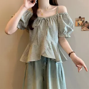 Áo sơ mi đeo chéo ngắn tay ngọt ngào kiểu Pháp Phong cách mới xù xì mùa hè thon gọn hơn Áo đeo vai được kiểm tra
