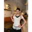 Phong cách Hàn Quốc Niche Giả hai mảnh chấm bi ngắn tay nữ đầu mùa hè Phong cách mới Áo thun đeo vai trang trọng thông thường Slim-Fit Slimm