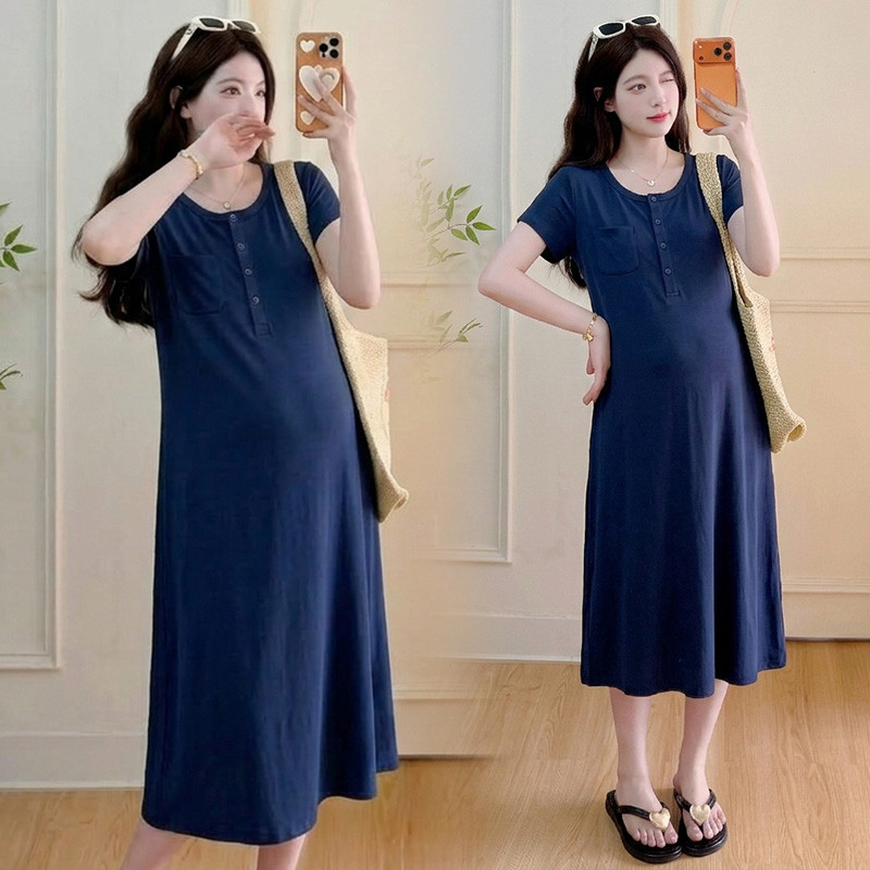 Váy bà bầu mùa hè cổ tròn tay ngắn màu trơn Váy dài dáng rộng