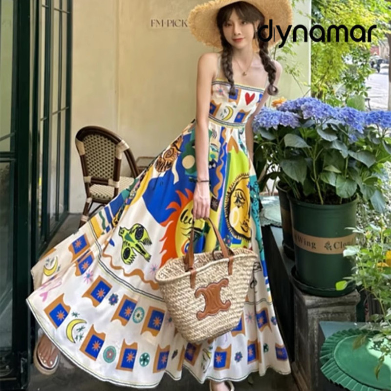 【dynamar】Váy liền thân Đầm in họa tiết graffiti gợi cảm dành cho nữ, đầm yếm không tay, đầm xòe rộng