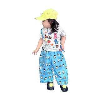Bộ hai mảnh in hình hoạt hình mùa hè cho bé gái Áo thun ngắn tay in hình động vật màu trắng + Bộ quần chống muỗi màu xanh