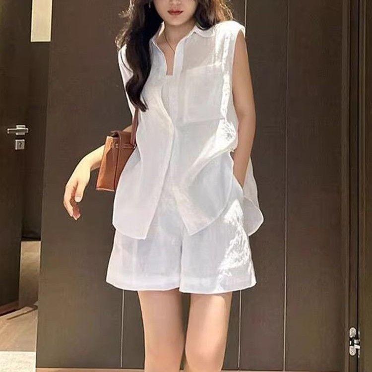 [Hàng mới về] Áo sơ mi không tay nữ + Quần short vải lanh Bộ đồ hai mảnh, Phiên bản thịt che rộng, Phong cách trắng tươi, Phong cách thường ngày thời trang mùa hè 2026