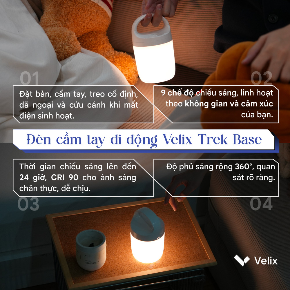 Đèn cầm tay đa năng pin 24h 9 chế độ sáng Velix Trek Base | Đèn cắm trại dã ngoại tích điện