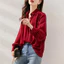 Áo sơ mi nữ voan dài tay, màu đỏ nguyên khối, dáng rộng