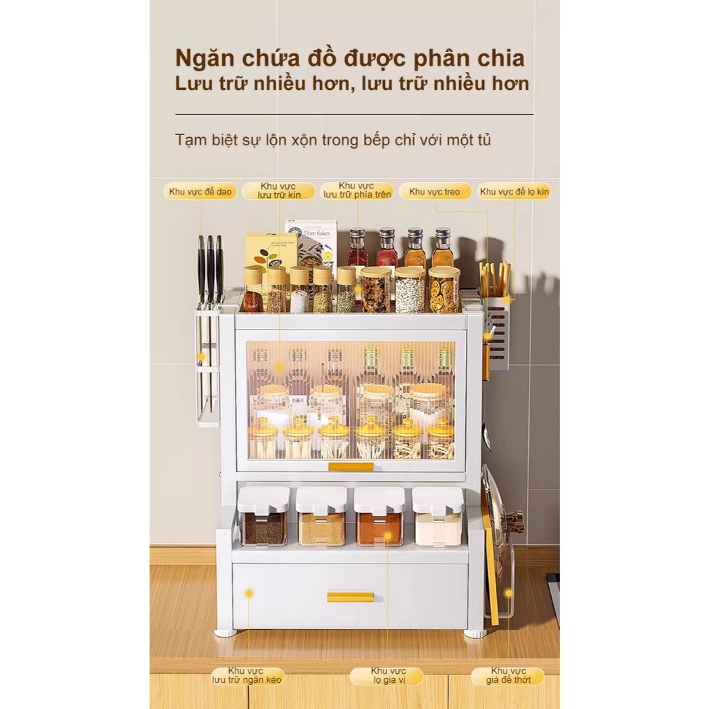 Tủ đựng gia vị nhà bếp thép cacbon Kệ để gia có cánh chống bụi trong suốt Kệ đựng đồ đa năng