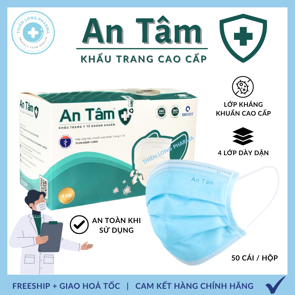 [Hộp 50 Cái] Khẩu trang y tế An Tâm 4 lớp giấy kháng khuẩn hàng chính hãng công ty