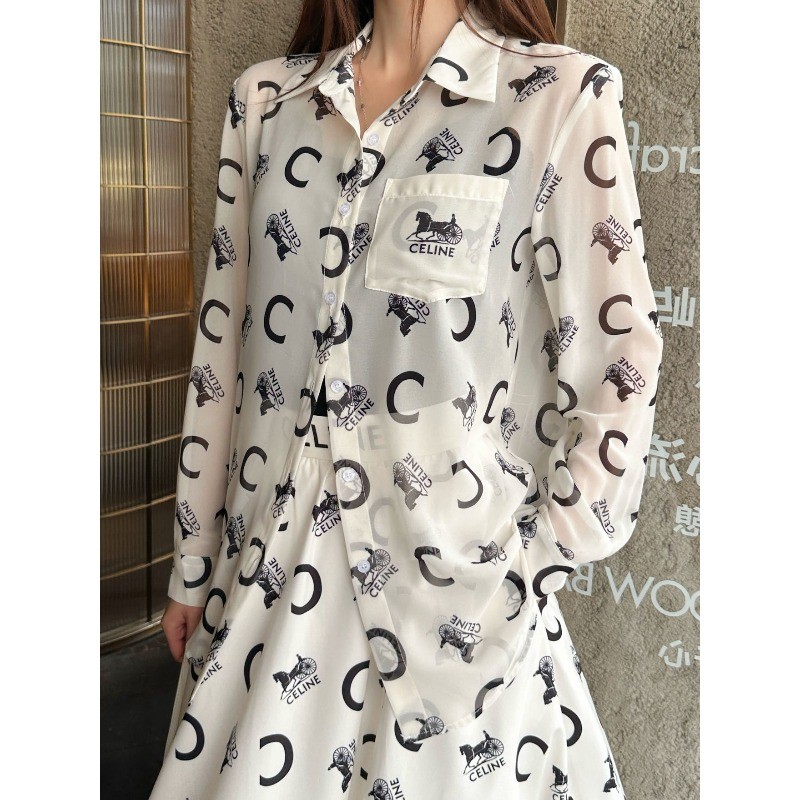 Bộ đồ nữ mới có áo sơ mi Jacquard có ve áo và váy dài
