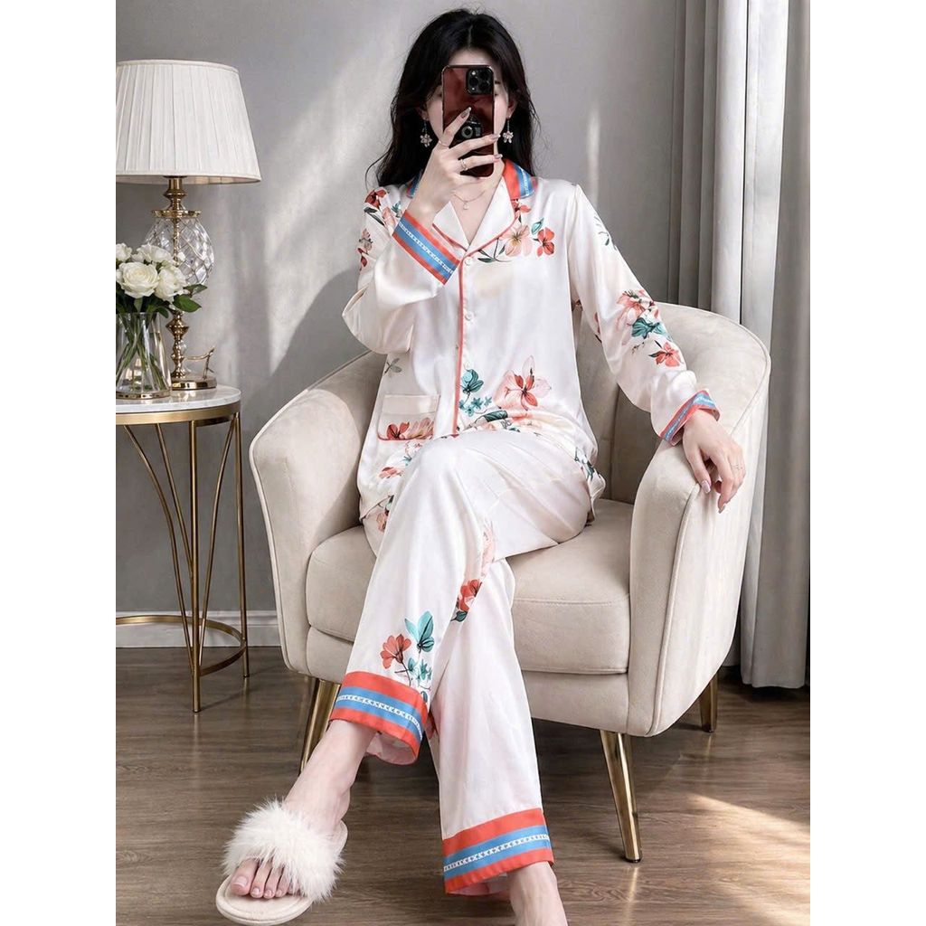 FFKK Pijama dài tay mềm mịn, mặc nhà thanh lịch, Bộ đồ ngủ lụa satin nữ cao cấp họa tiết sang trọng 43-80KG.
