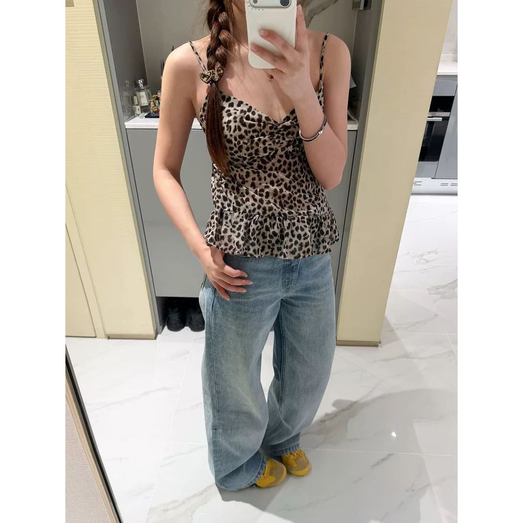 Milyfashion Áo Ngắn Da Báo In Họa Tiết Cổ Chữ V Phong Cách Y2K