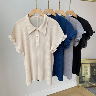 Miyake POLO Cổ Áo Sơ Mi Nữ Thiết Kế Mùa Hè Niche Loose Tính Khí Giảm Tuổi Phong Cách Phương Tây Tay Ngắn Xếp Ly