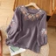 Áo thun Cotton thêu ba phần tư tay áo nữ cổ điển dáng rộng nghệ thuật thêu áo thun