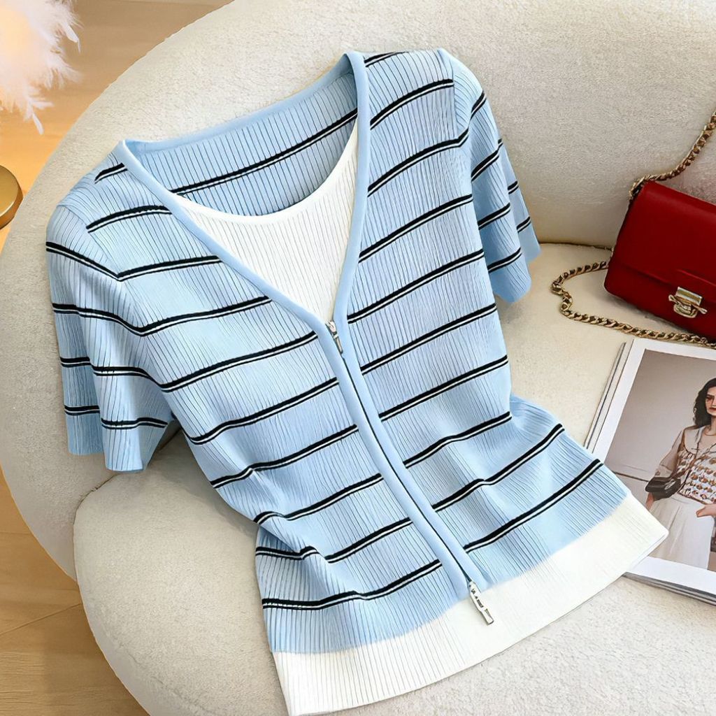 Mùa hè Phong Cách Mới Hơi Béo Quần Áo Nữ Thời Trang Niche Màu Sắc Tương Phản Giả Áo Len Sọc Hai Mảnh | Tay ngắn sang trọng Top Slimer Look Cover Thịt, Thiết kế dây kéo Cardi